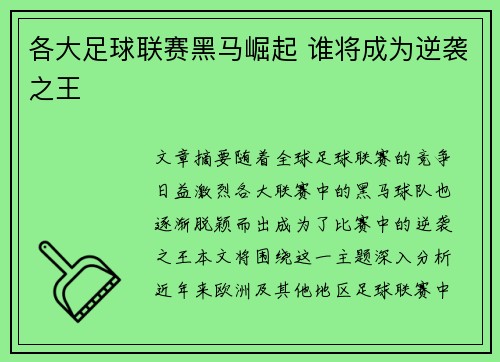 各大足球联赛黑马崛起 谁将成为逆袭之王